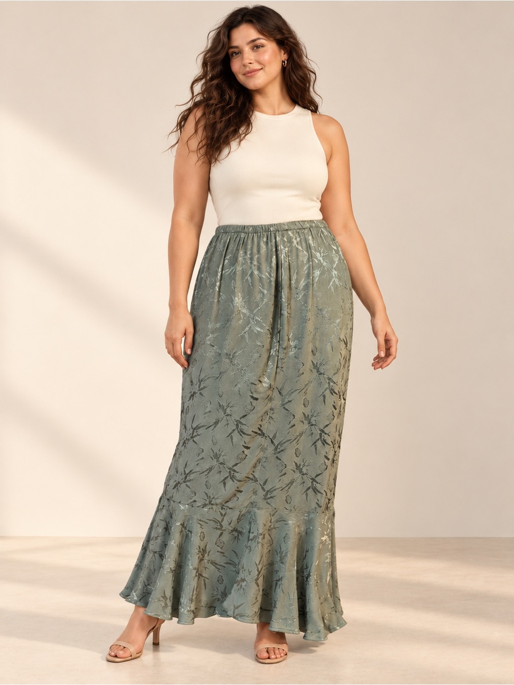 Spencer Alexis Collections Sage Green Jacquard Maxi Skirt 1X
